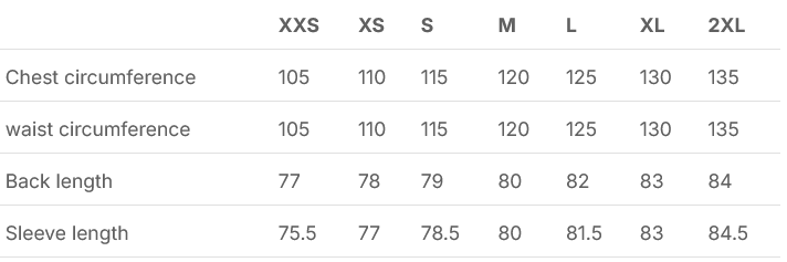Size chart Scippis Basic Jacket